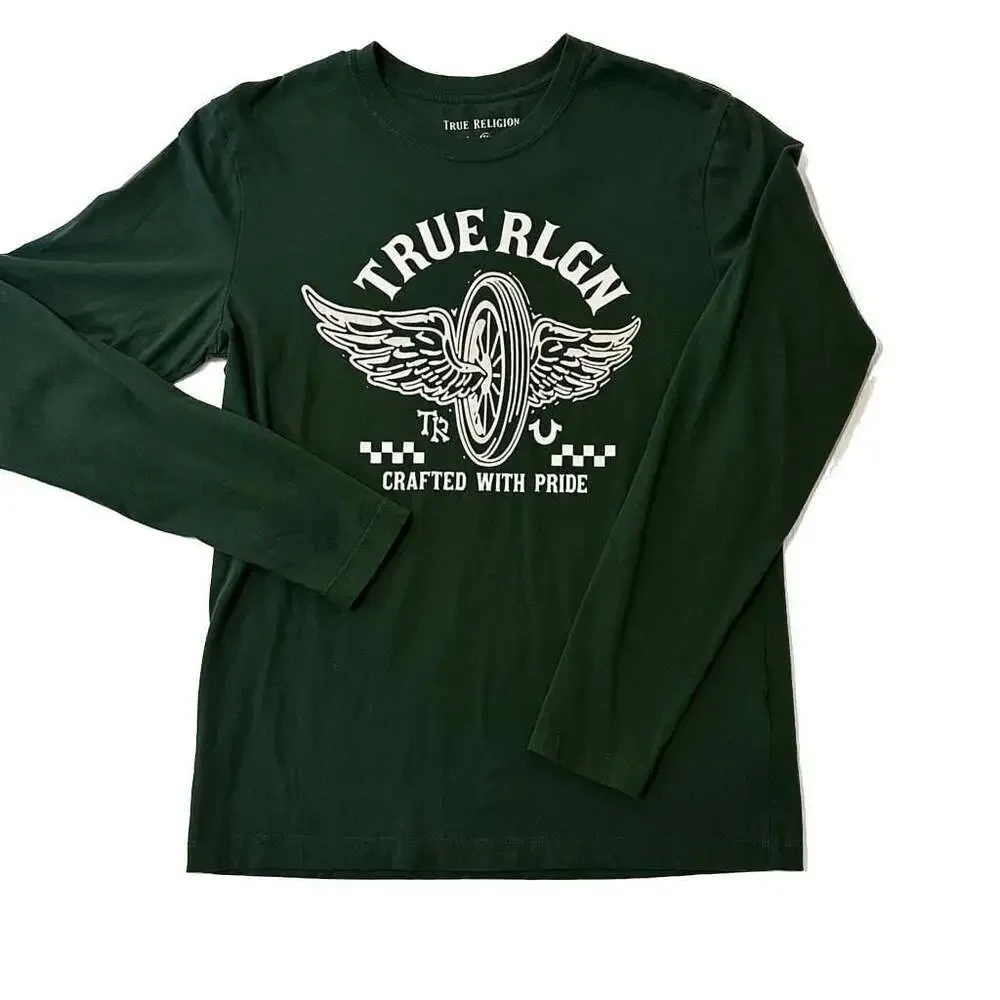 True Religion Men's Long Sleeve Barcode Tee Southbay Steel Green Small